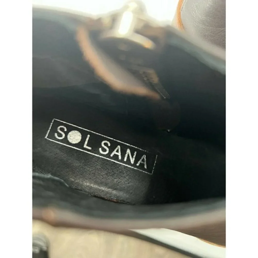Sol Sana Black Leather Zip Ankle Bootie Boots Stacked Heel Square Toe Women's 6